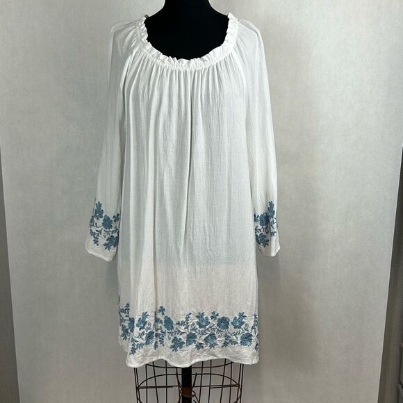J. Jill Tops - J. Jill White Gauze Tunic Top Pullover Sz Large Blue Embroidered Flowers Boho Be